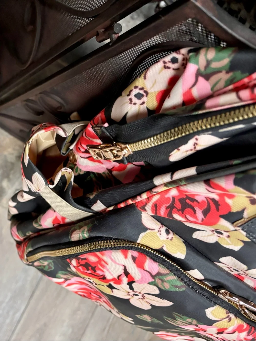 Floral Quilted Backpack Tote in Black and Pink Roses